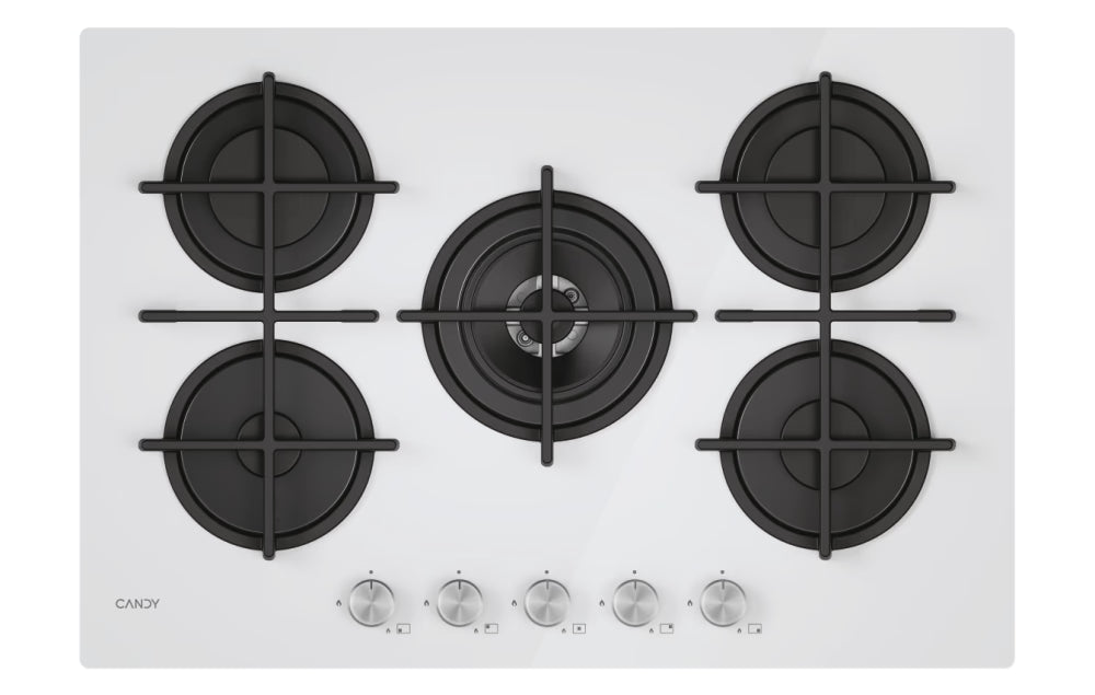 Piano cottura Candy CVG74WTW Gas su vetro 5 zone Colore Bianco Vetro temperato