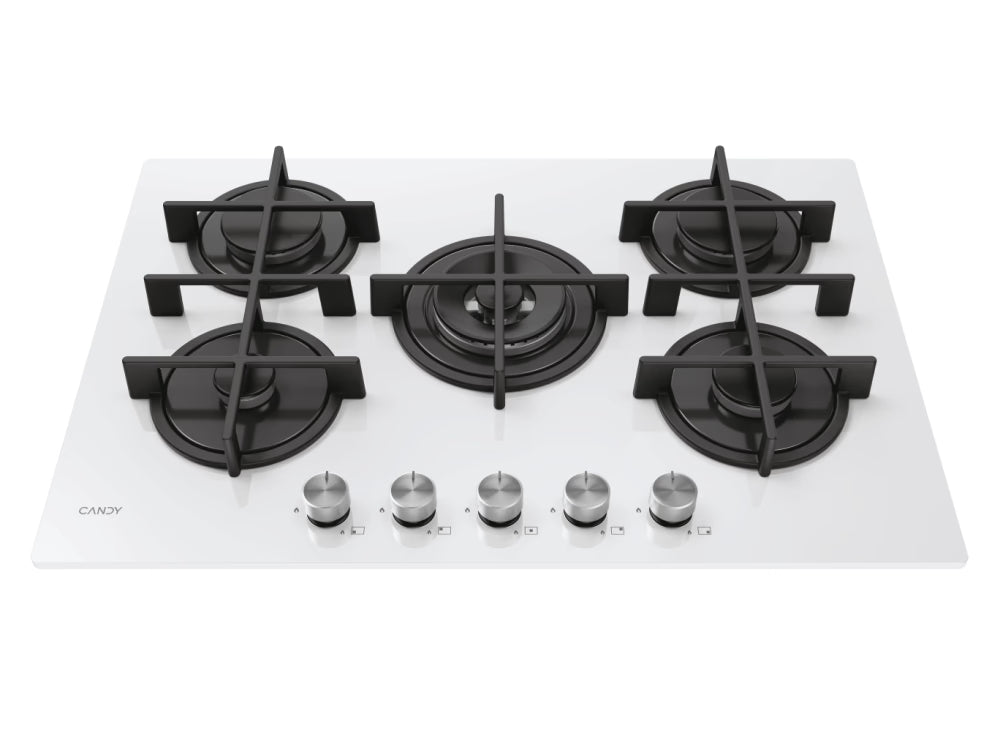 Piano cottura Candy CVG74WTW Gas su vetro 5 zone Colore Bianco Vetro temperato