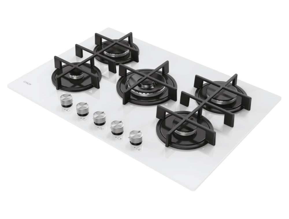 Piano cottura Candy CVG74WTW Gas su vetro 5 zone Colore Bianco Vetro temperato