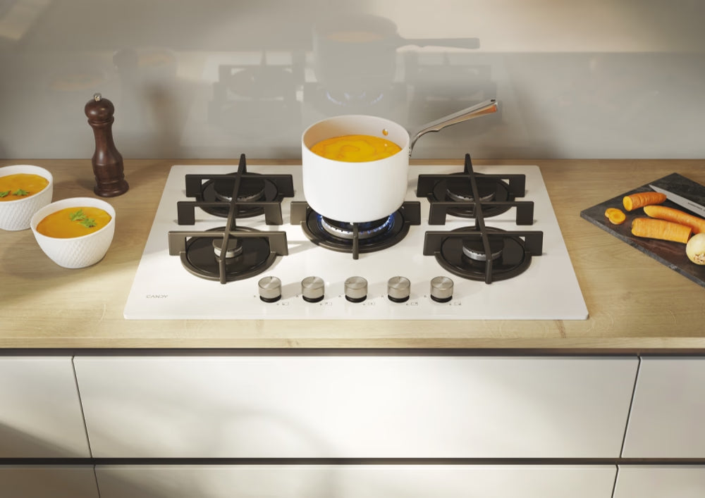 Piano cottura Candy CVG74WTW Gas su vetro 5 zone Colore Bianco Vetro temperato