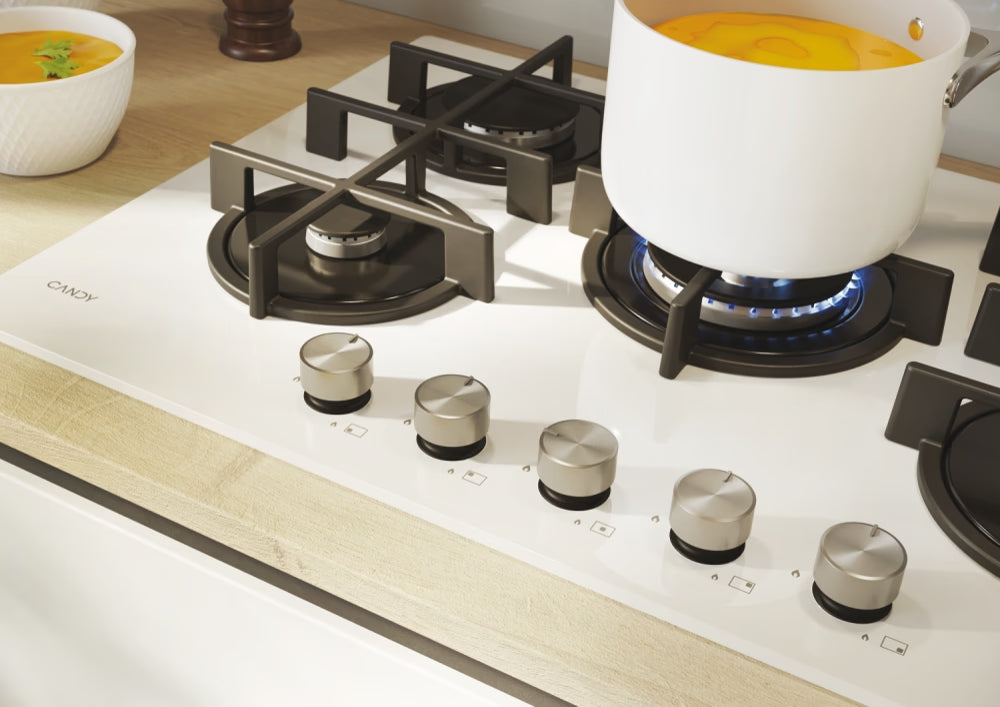 Piano cottura Candy CVG74WTW Gas su vetro 5 zone Colore Bianco Vetro temperato