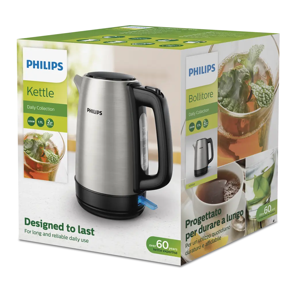 Bollitore Philips HD9350/90 1,7 lt 2200W Colore Acciaio Spegnimento Automatico