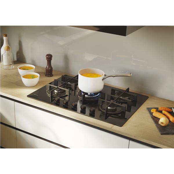 Piano cottura Candy CVG74WTB Gas su vetro 5 zone Nero Vetro temperato 75 cm Griglie in Ghisa