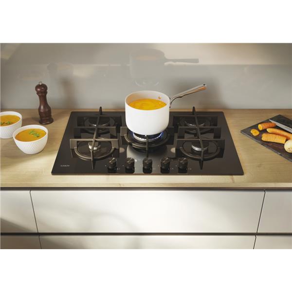 Piano cottura Candy CVG74WTB Gas su vetro 5 zone Nero Vetro temperato 75 cm Griglie in Ghisa
