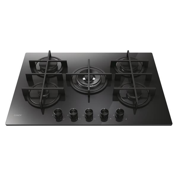 Piano cottura Candy CVG74WTB Gas su vetro 5 zone Nero Vetro temperato 75 cm Griglie in Ghisa