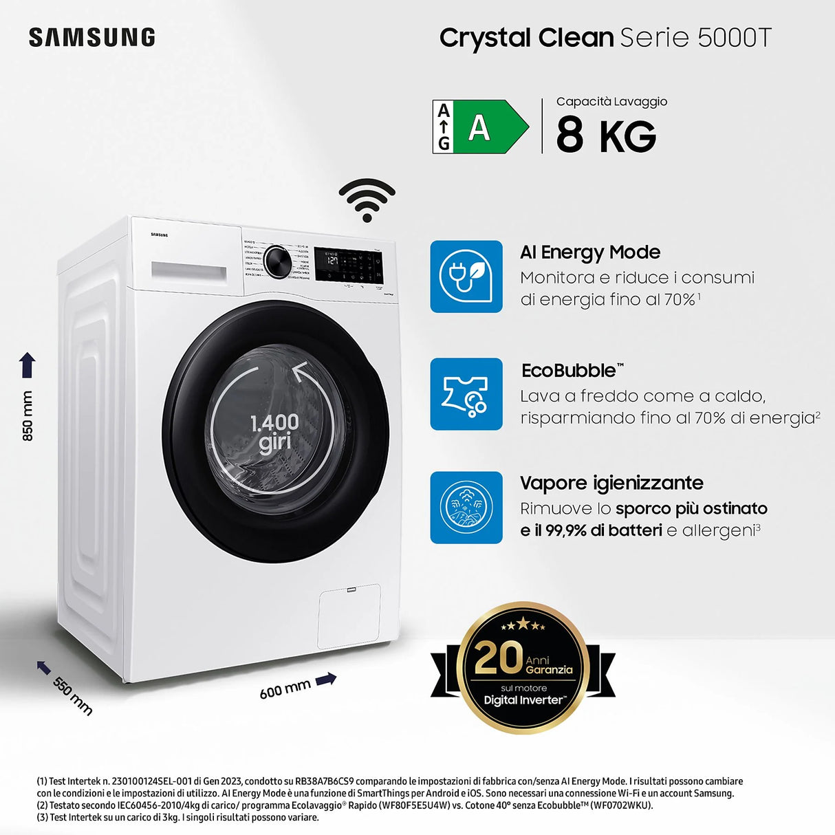 Lavatrice Samsung WW80CGC04DAEET Crystal Clean 8 kg Classe A Vapore Ai Digital Inverter
