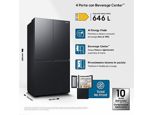 Frigorifero americano 4 porte Samsung RF65DG960EB1EF 646 L No Frost WiFi Beverage Center Dual Auto Ice Maker Classe E