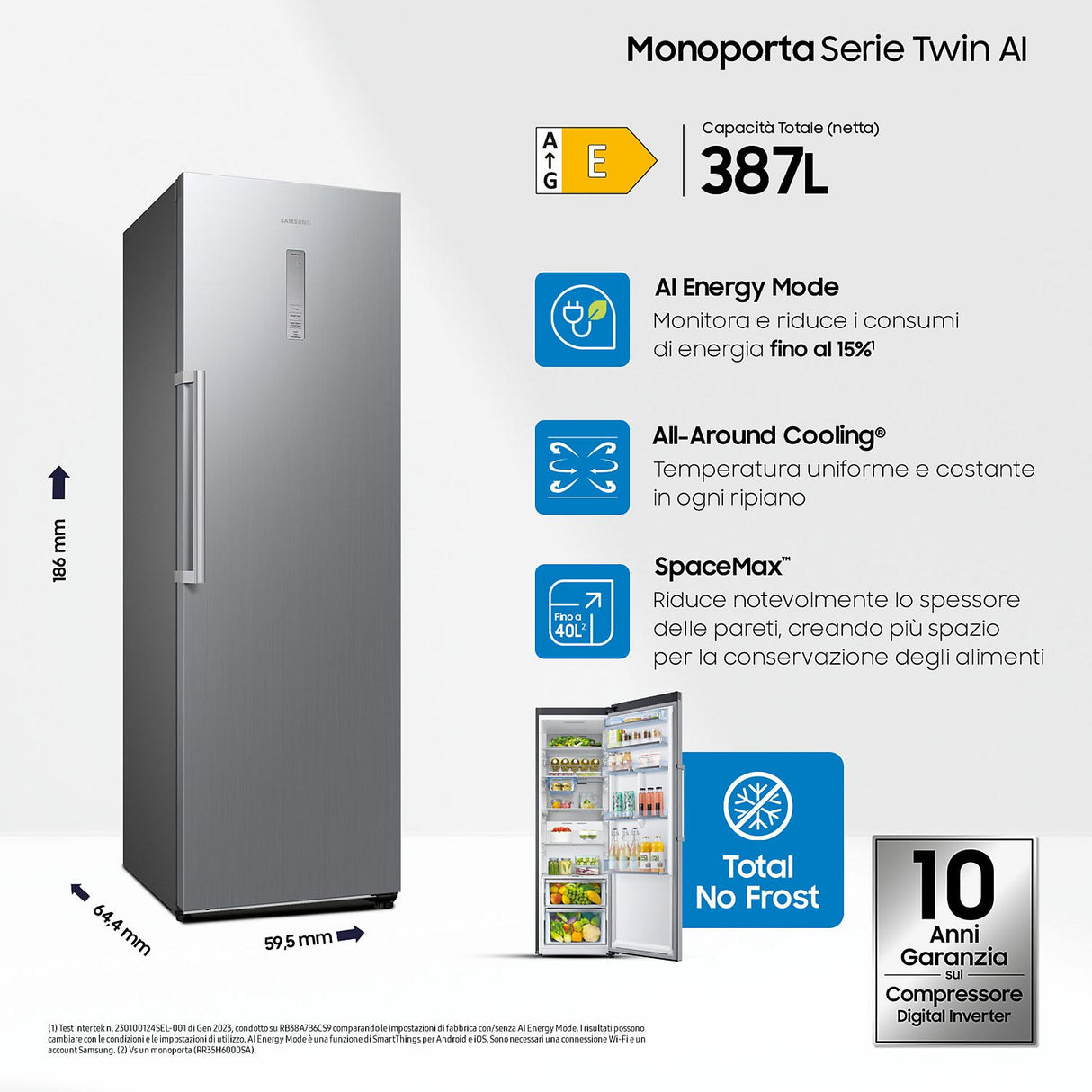 Frigorifero Monoporta Samsung RR39C7BC5S9/EF 387L Libera Installazione 185 cm No Frost Wi-Fi SmartThings Metal Cooling Classe E