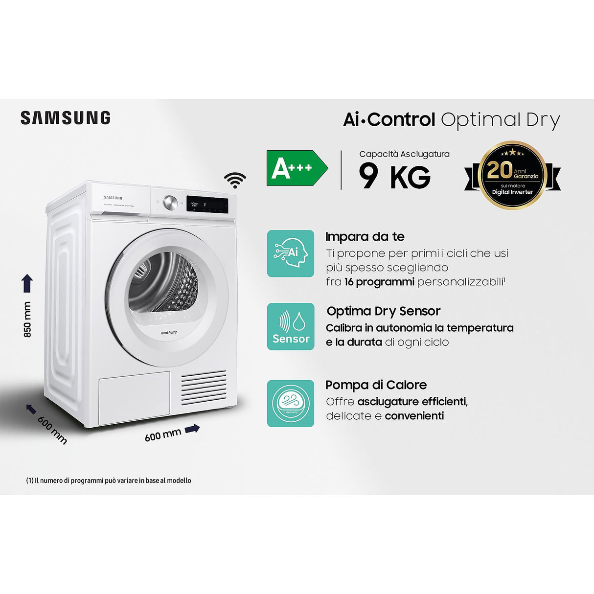 Asciugatrice Samsung DV90BB5245TW 9KG Classe C OptimalDry Bianca