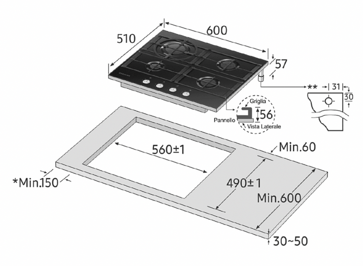 Piano Cottura A Gas Samsung NA64H3010AK 60 Cm Nero