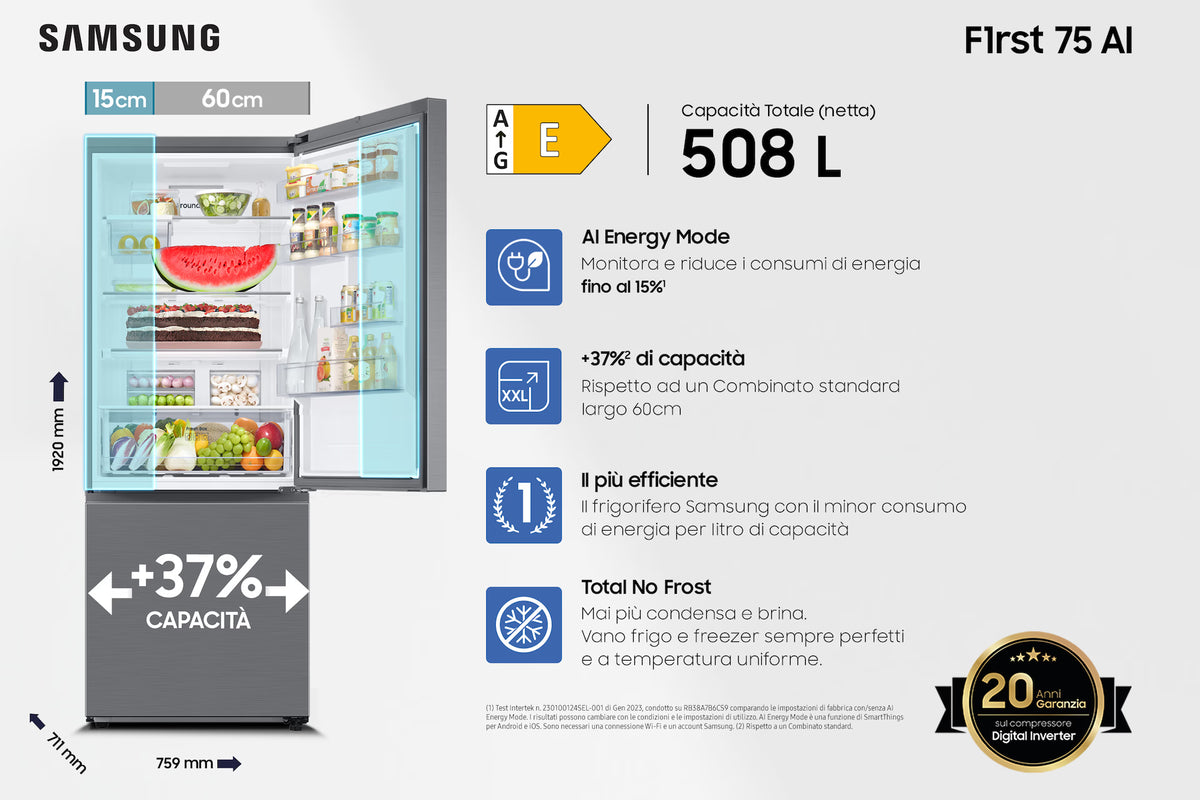 Frigorifero combinato Samsung RB50DG602ES9EF FIRST 75 AI No Frost Classe E 508 L Finitura Metal Inox