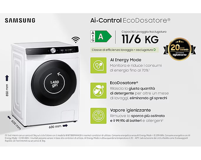 Lavasciuga Samsung WD11DG6B85BKU3 Carica Frontale 11Kg+6kg Classe D