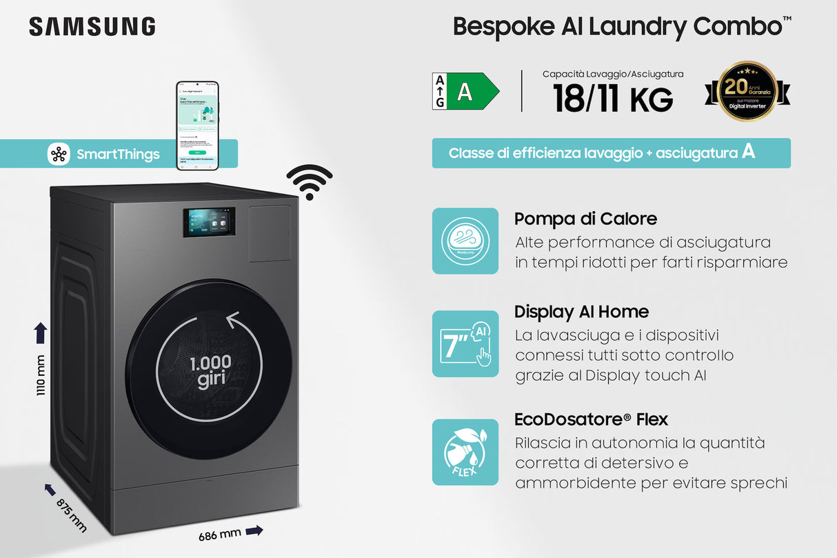 Lavasciuga Samsung WD18DB8995BZT2 Bespoke AI Laundry Combo™ 18/11 kg Classe A Grigio