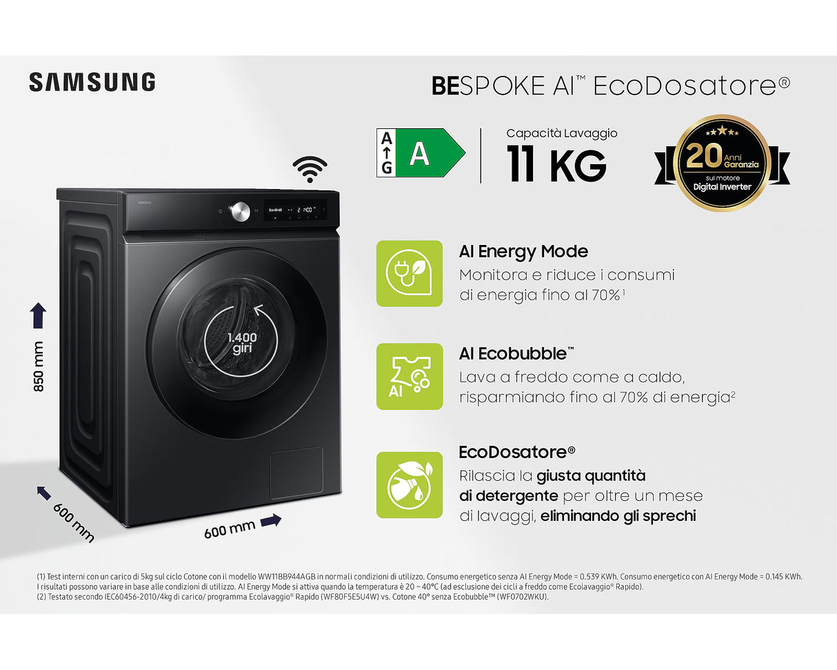 Lavatrice Samsung WW11DB7B94GBU3 Classe Energetica A-20% Capacità 11 Kg con Sistema Ecodose