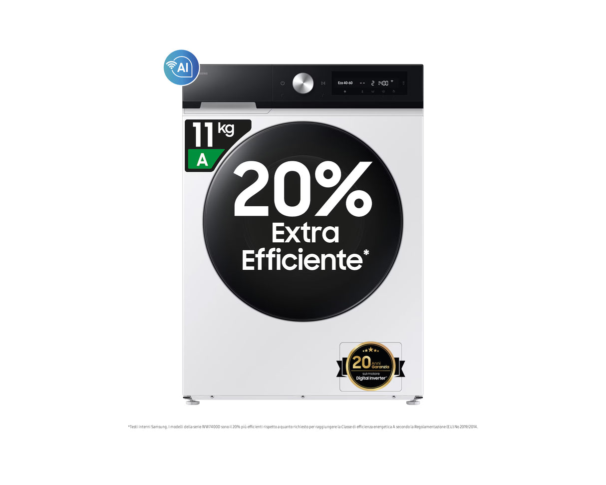 Lavatrice Samsung WW11DB7B94GEU3 Capacità 11KG Classe A-20% Ecodosatore Wi-Fi AI