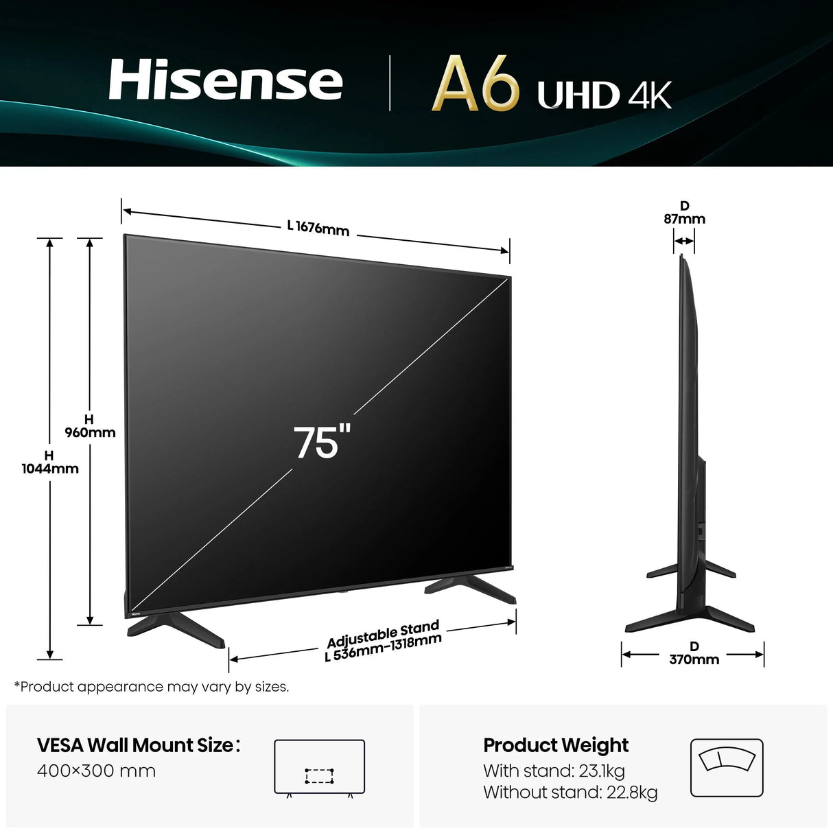 TV Hisense 75A69Q 75" UHD Smart TV AI 4K Smooth Motion Dolby Vision Dolby Audio