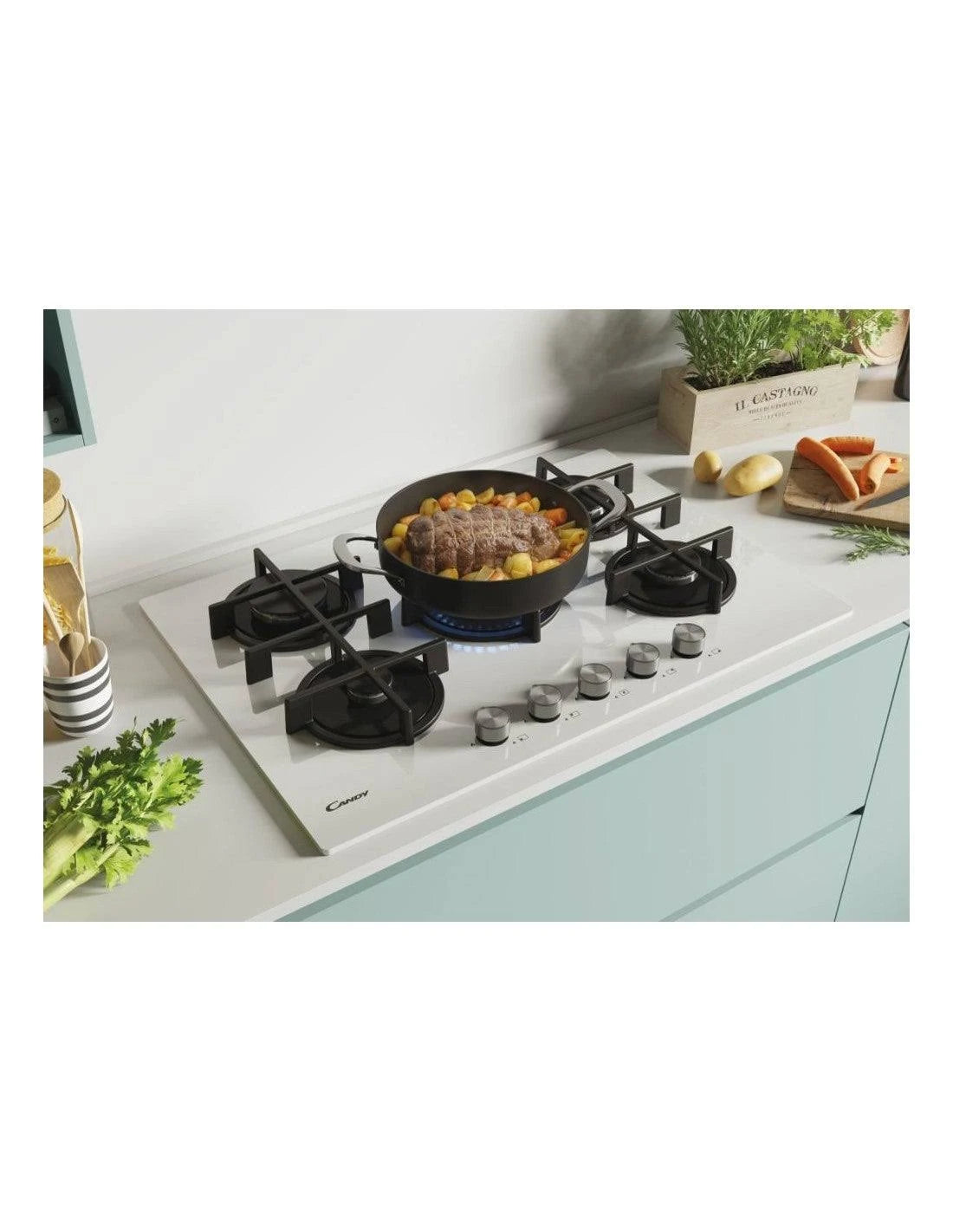 Piano Cottura A Gas Candy CVG74WPW 5 Fuochi Vetro Bianco