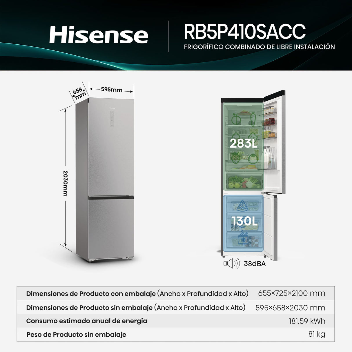 Frigorifero Hisense RB5P410SACC Combinato a 2 porte Classe C  Capacità 413 l Acciaio Inossidabile