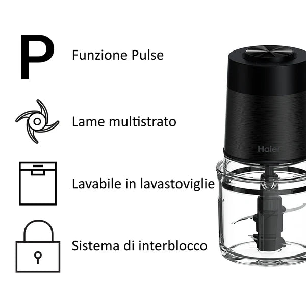 Tritatutto Haier HCH5B1 011 Lame Acciaio Inox 4 Lame Ciotola Vetro Capacità 0,5 Litri