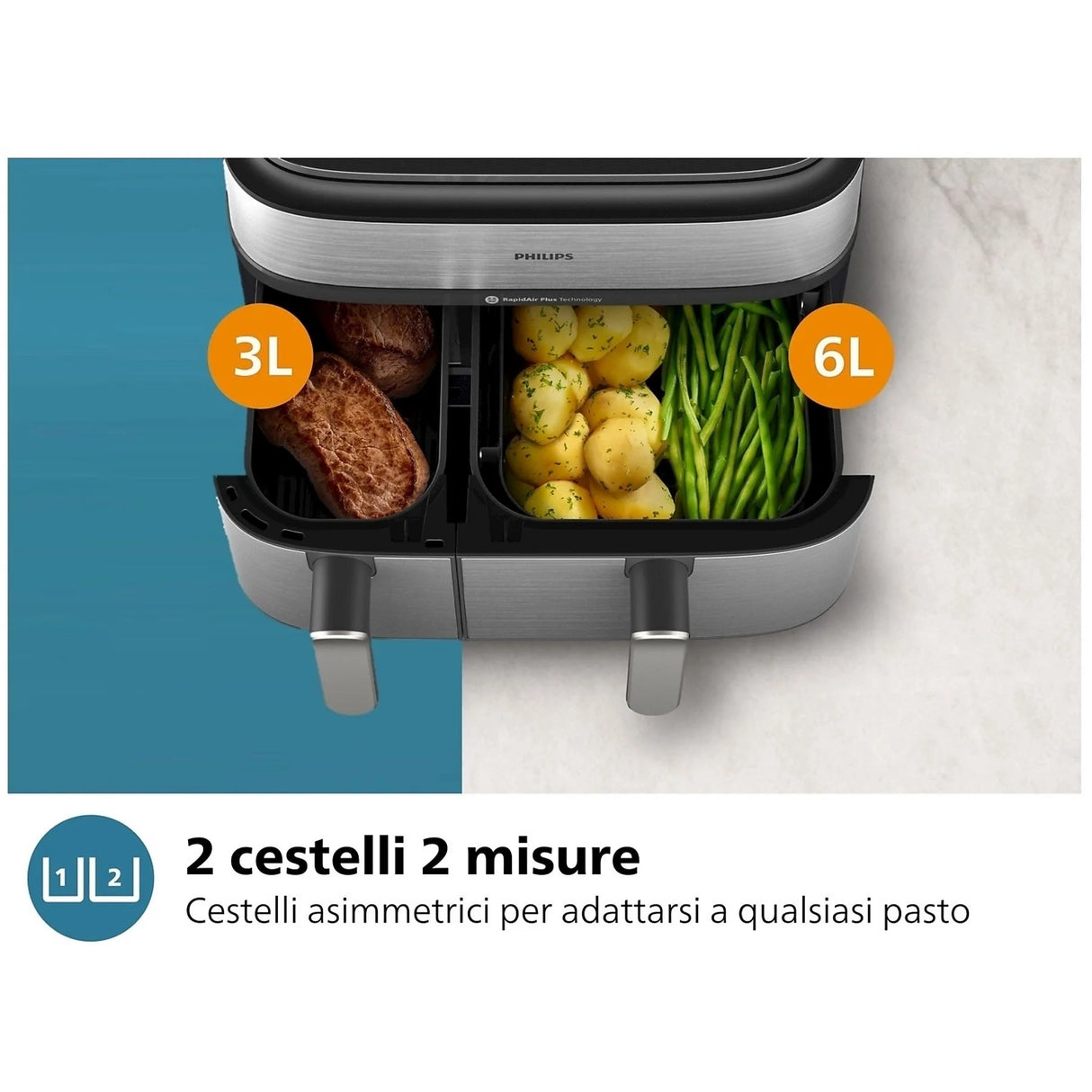 Friggitrice Ad Aria Philips NA555/00 Dual a Vapore Capacità 9 Litri