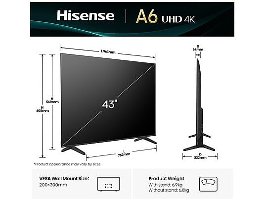TV Hisense LED 43" 43A6Q 4K Smart TV Nero Classe E
