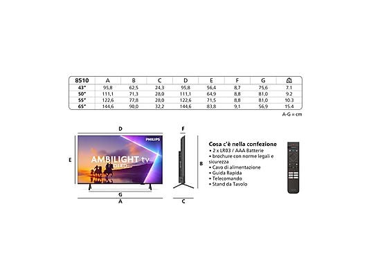 TV Philips QLED 50" 50PUS8510/12 4K UHD Smart TV Nero Classe F