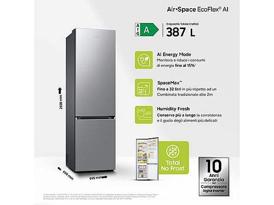 Frigorifero combinato Samsung RB38C607AS9/EF 203 cm 387 L 5 ripiani No Frost Metal Inox Classe A