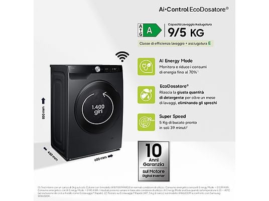 Lavasciuga Samsung WD90DG6G94BBU3 9+5 Kg Slim 48 cm EcoDosatore Smart Control Nero Classe A-10%/E