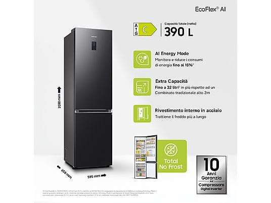 Frigorifero combinato Samsung RB38C776CB1/EF 203 cm 390 L No Frost Wi-Fi Antracite Classe C