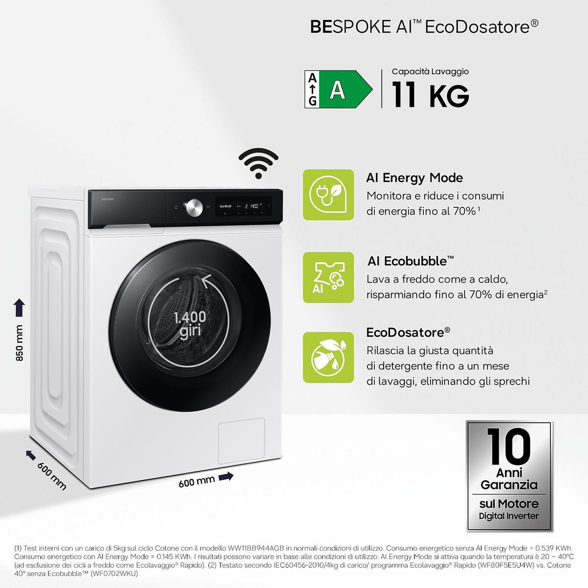 Lavatrice Samsung WW11DB7B94GEU3 11 kg Caricamento frontale 1400 rpm Classe A AI Ecodosatore Wi-Fi Bianco