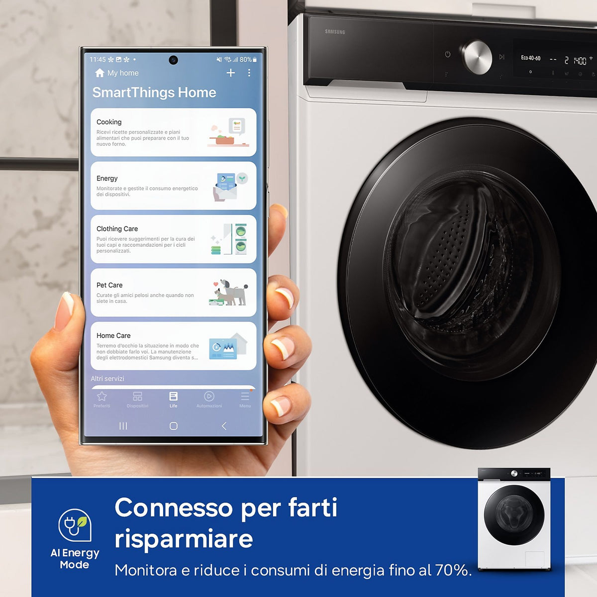 Lavatrice Samsung WW11DB7B94GEU3 11 kg Caricamento frontale 1400 rpm Classe A AI Ecodosatore Wi-Fi Bianco
