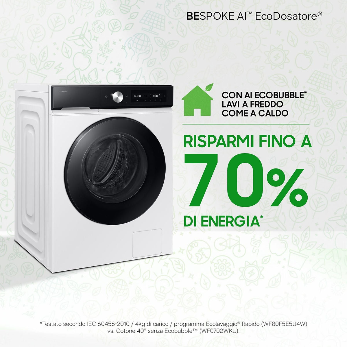 Lavatrice Samsung WW11DB7B94GEU3 11 kg Caricamento frontale 1400 rpm Classe A AI Ecodosatore Wi-Fi Bianco
