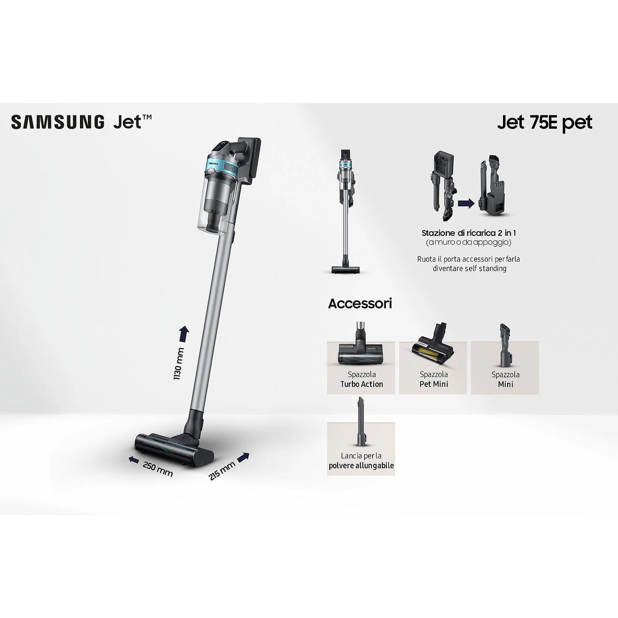 Aspirapolvere Senza Filo Samsung VS20B75AGR1/WA Jet 75E Pet 200W Senza Sacco