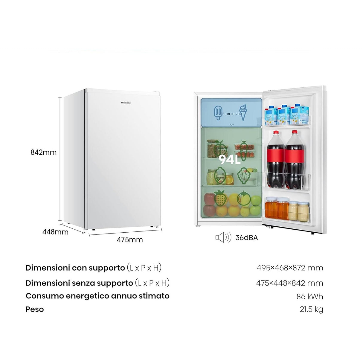 Frigorifero Hisense RR121D4AWE Sottotavolo 94 Litri Colore Bianco Classe E