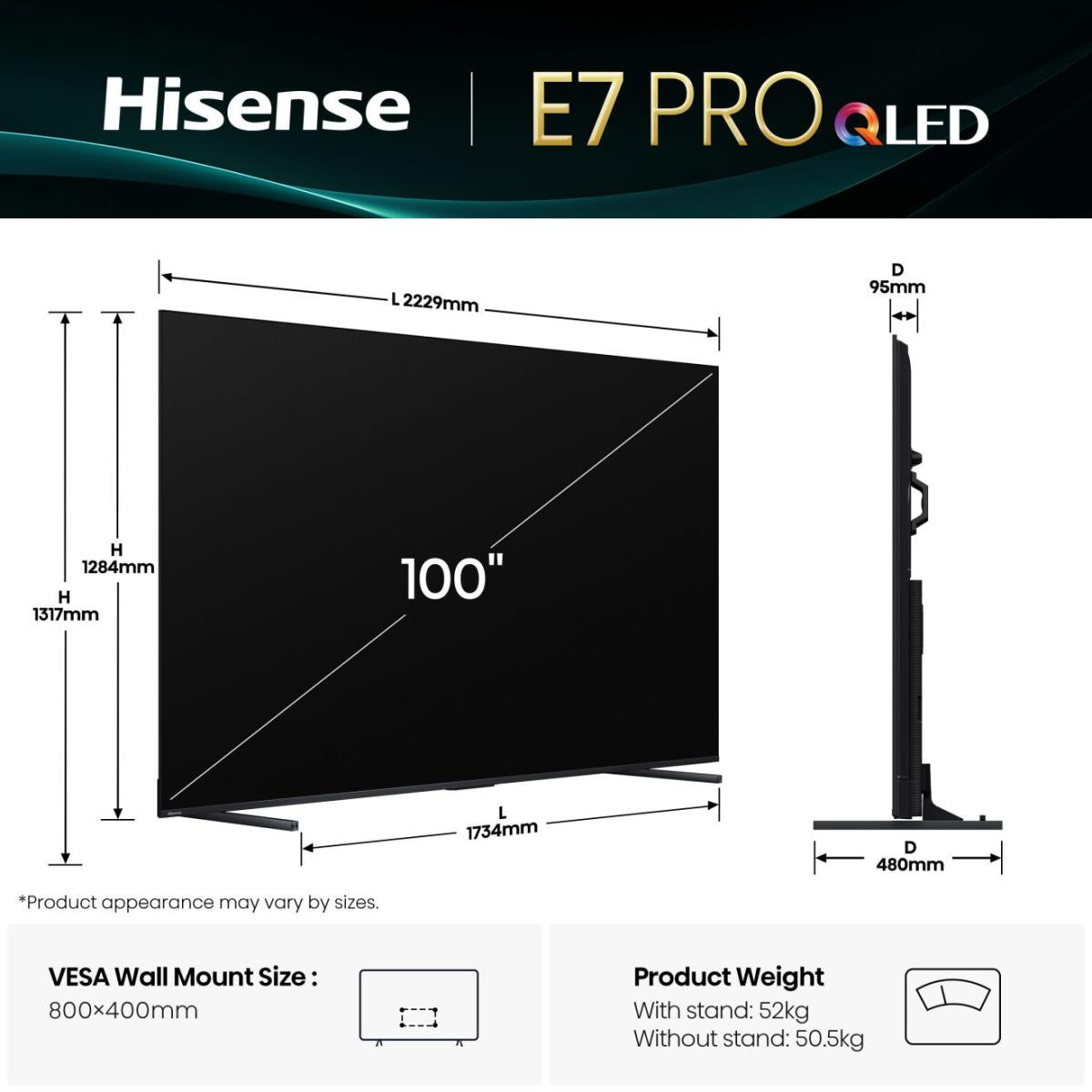 TV Hi-QLED Hisense 100E7Q PRO 100" 4K 144Hz Smart TV VIDAA Classe G/E