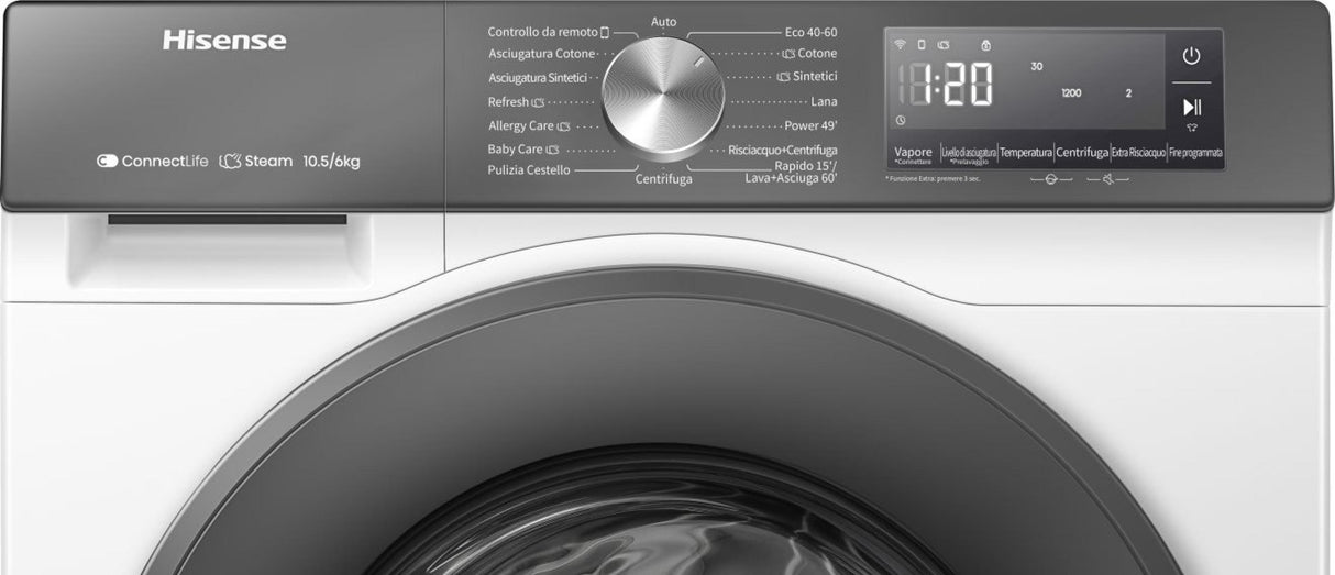 Lavasciuga Hisense WD3S1043BW7 Libera installazione 10.5 +6 kg 1400 rpm Classe LAV A Classe ASC D