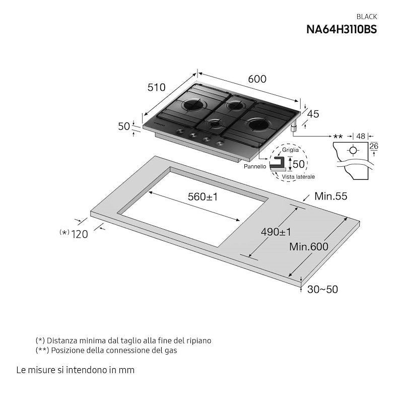 Piano Cottura A Gas Samsung NA64H3110BS 4 Fuochi 60Cm  Inox