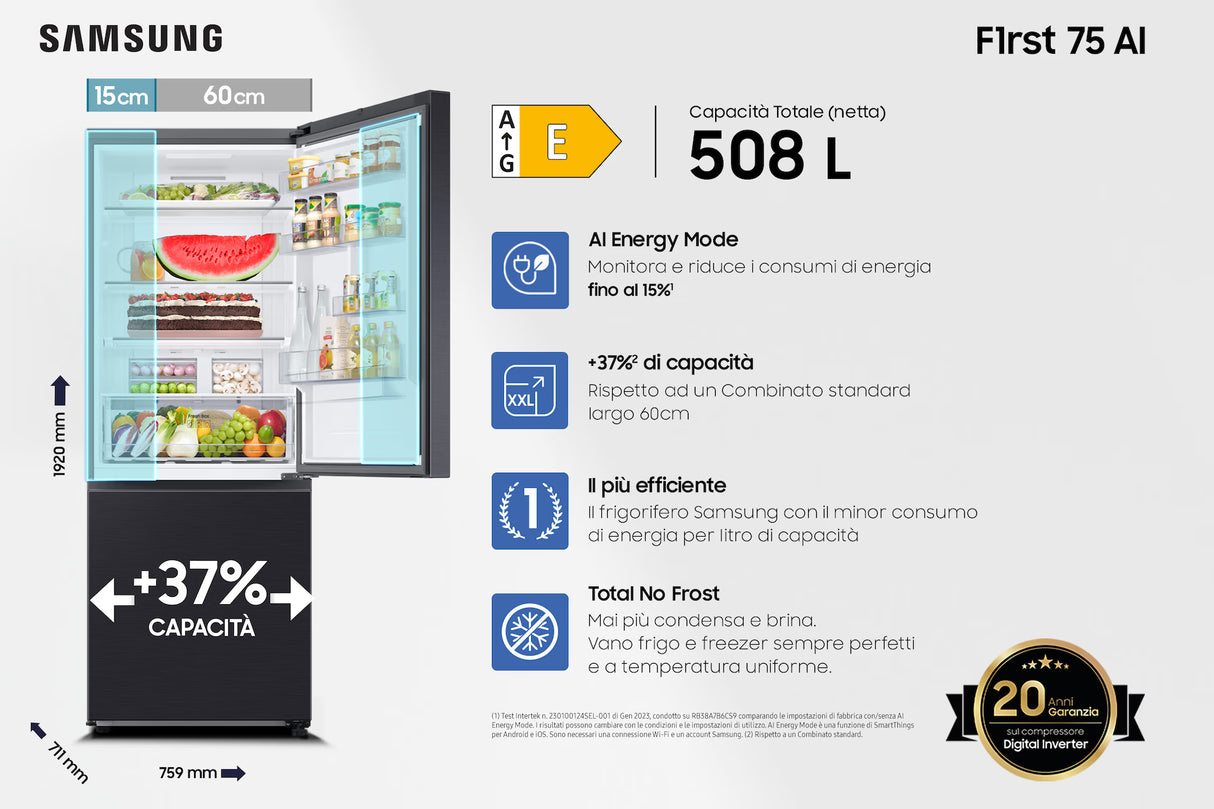 Frigorifero combinato Samsung RB50DG601EB1EF FIRST 75 AI No Frost Classe E 508 L Finitura Antracite