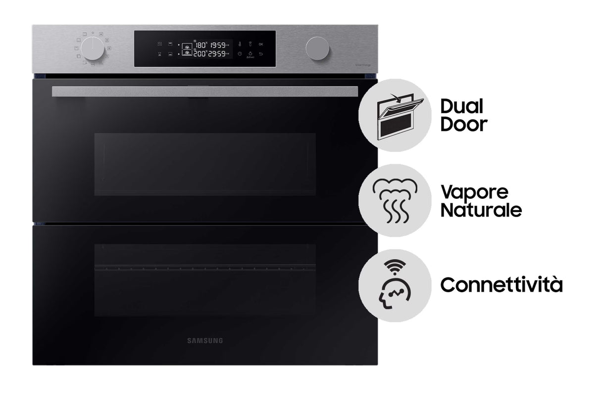 Forno Samsung NV7B45403BS Dual Cook Flex™  – 76L, Classe A+, doppia cavità, vapore naturale, Air Sous Vide, Wi-Fi integrato
