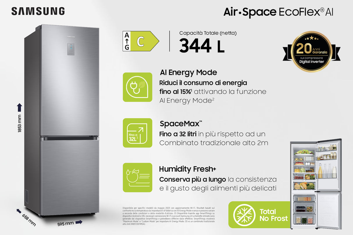 Frigorifero Combinato Samsung RB34C775CS9 EcoFlex AI No Frost Classe C 344 L Metal Inox