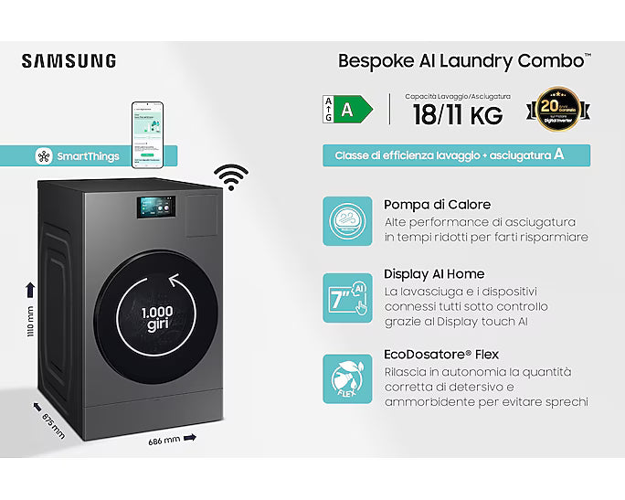 Lavasciuga Samsung WD18DB8995BZT2 18+11 Centrifuga 1000 Giri Nera Classe A