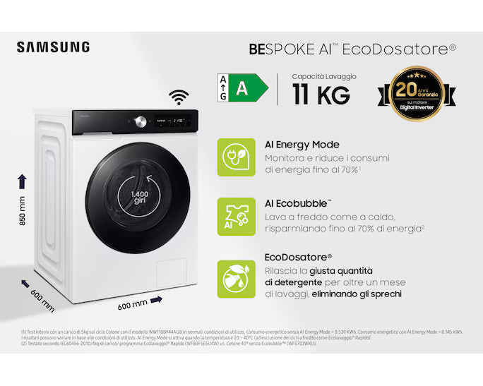 Lavatrice Samsung WW11DB7B94GEU3 Capacità 11KG  Classe A-20% Ecodosatore Wi-Fi AI