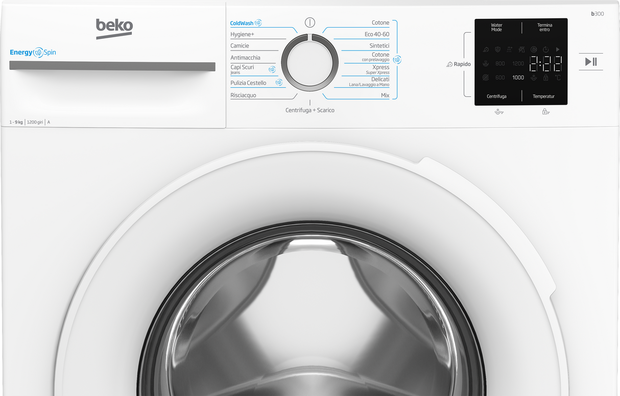 Lavatrice Beko BMWU3921W 9 Kg Classe A Prof. 55 cm 1200 giri Inverter Vapore EnergySpin  Bianco